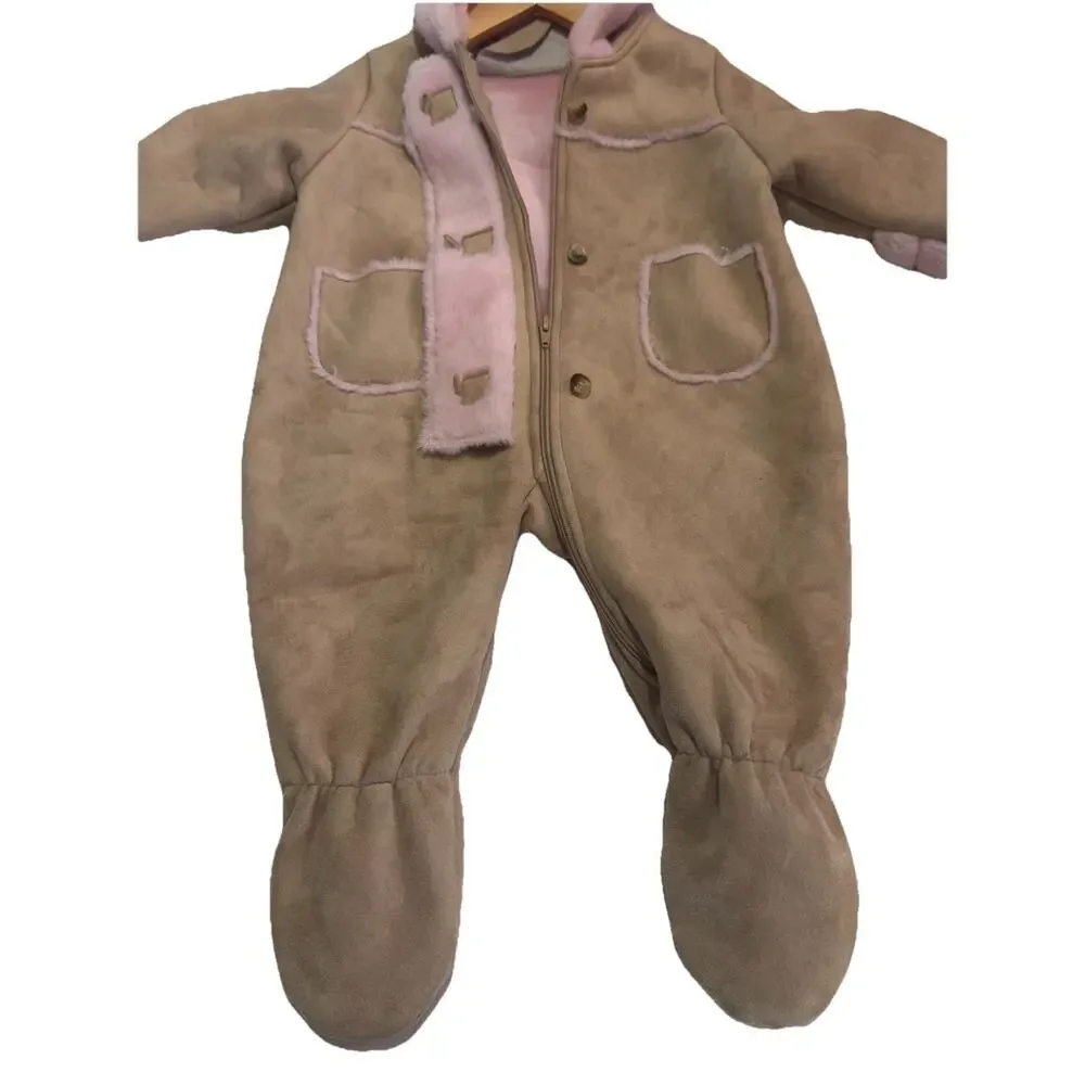 Baby Luxuries Tan Sherpa Snow Suit Bunting 12 Months Super Soft One Piece